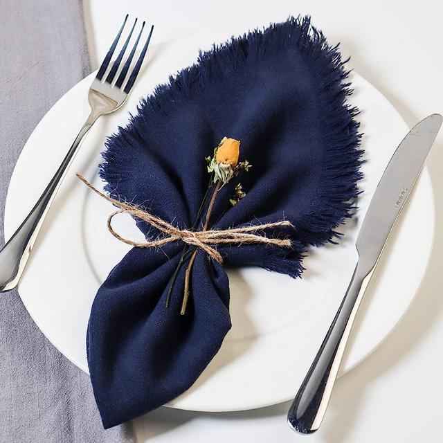 Dololoo Handmade Cloth Napkins, Cotton Linen Cloth Napkins with Fringe, Versatile Handmade Square Rustic Fringe Napkins for Dinner, Wedding and Parties, 18 x 18 Inches Set of 6, Navy Blue