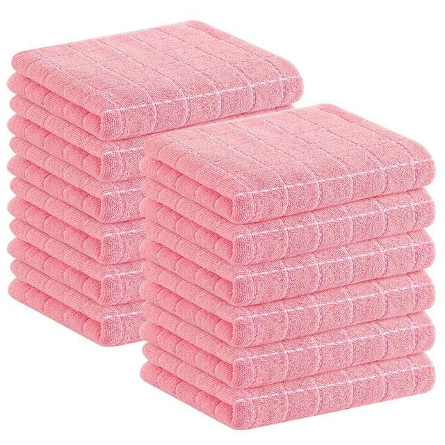 Homaxy 100% Cotton Terry Kitchen Towels(Pink, 13 x 28 inches), Checkered Designed, Soft and Super Absorbent Dish Towels, 12 Pack