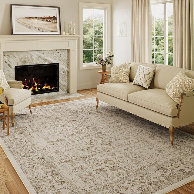 PureCozy Light Brown Area Rug 5x7 Indoor Vintage Living Room Carpet Kitchen Washable Distressed Rug Floral Bedroom Rug Retro Accent Throw Rug for Office Dining Room Bathroom