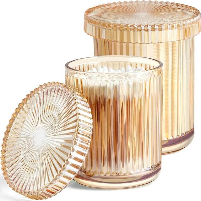 MKOSAB Bathroom Organizers and Storage,2 Pack Glass Qtip Holder Dispenser,Bathroom Essentials Accessories Decor,Vanity Makeup Storage Organizer for Cotton Swabs,Cotton Balls,Pads,Floss Picks (Amber)
