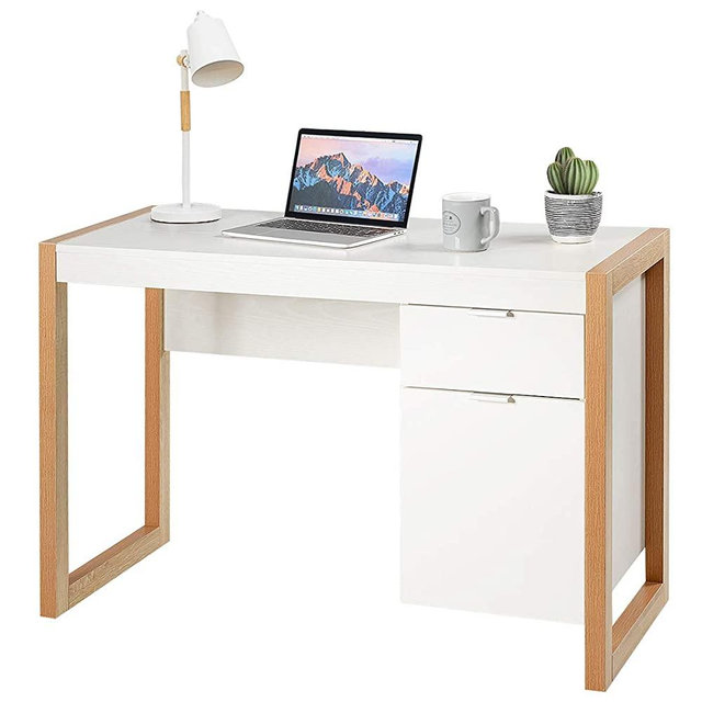 Tangkula White Computer Desk with Drawer & Cabinet, Wooden Home Office Desk, PC Laptop Workstation Study Writing Desk, Ideal for Bedroom Home Office (White & Natural)