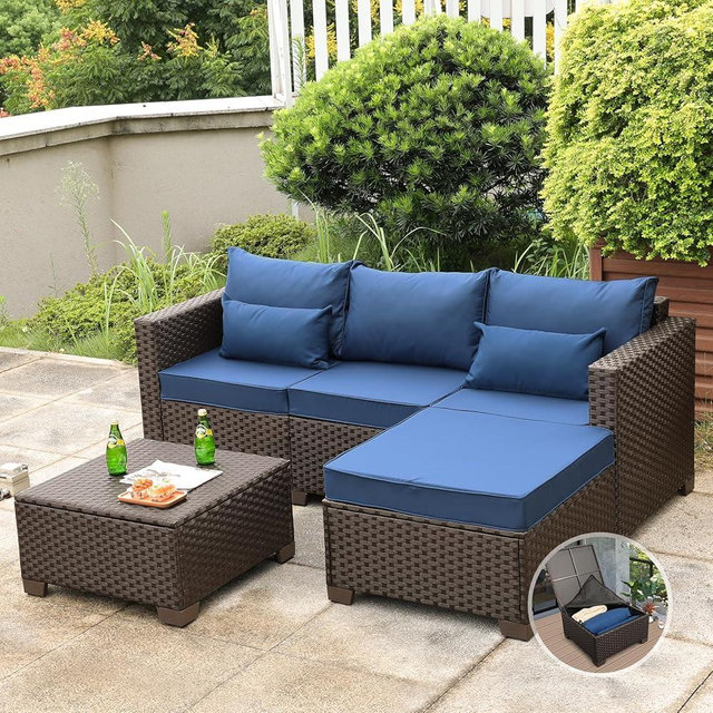 Wicker Patio Furniture Patio Couch 3 Pieces Patio Furniture Set Outdoor Sectional with Ottoman and Outdoor Storage Table with Lining Weathering Non-slip Cushions Waterproof Covers, Navy Blue