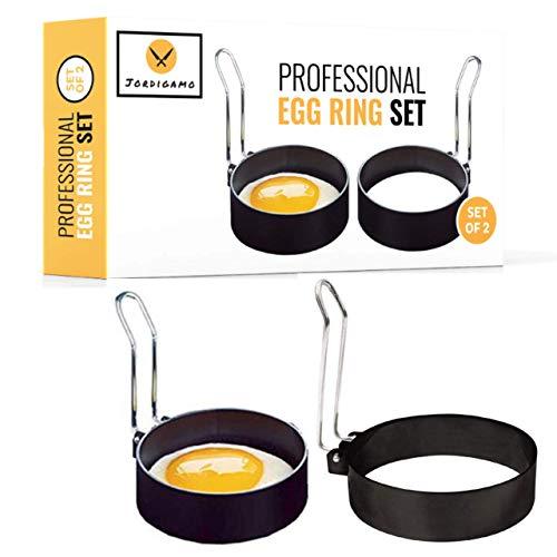 JORDIGAMO Professional Egg Ring Set For Frying Or Shaping Eggs - Round Egg Cooker Rings For Cooking - Stainless Steel Non Stick Mold Shaper Circles For Fried Egg McMuffin Sandwiches - Egg Maker Molds