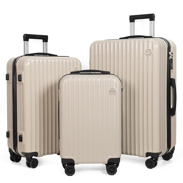 Aklsvion 3-Piece Hardside Luggage Set, ABS+PC Spinner Suitcase with Anti-Burst Zipper & Built-in Lock, 20/24/28 Inch (Beige)