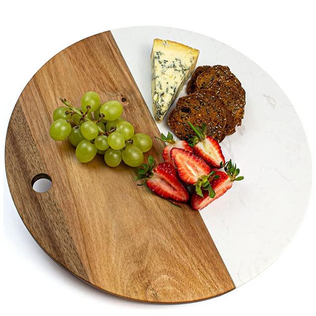 UHMER Marble and Wood Cheese Board, Large 13" Round Cheese Board for 4-6 People, Acacia Wood and Cultured Marble Charcuterie Board, White Marble Cheese Board for Serving Cheese and Meats
