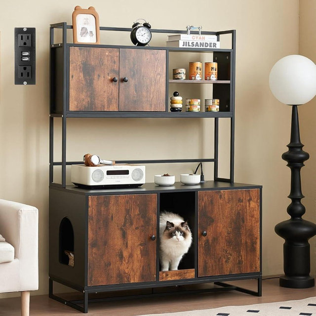 JanflyHome Cat Litter Box Enclosure with Power Outlet, 60'' Large Double Hidden Cat Litter Box Furniture with Shelf, Indoor Cat House Furniture with Cat Scratching Pad for 2 Cats, Vintage Brown…