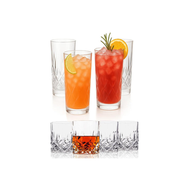 LEMONSODA Crystal Cut Lowball & Highball Glass Set - 8 Piece Elegant Matching Glassware Set