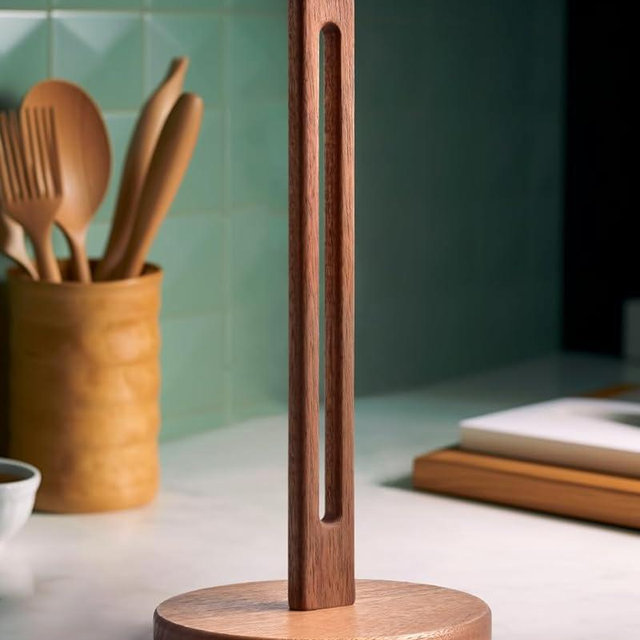KitchLife Acacia Wooden Paper Towel Holder Countertop, 6.5" Wide Base (Large Size) with Non-Slip Pads, Fits Jumbo Rolls, Freestanding Paper Towel Stand Upgraded Dispenser Organizer