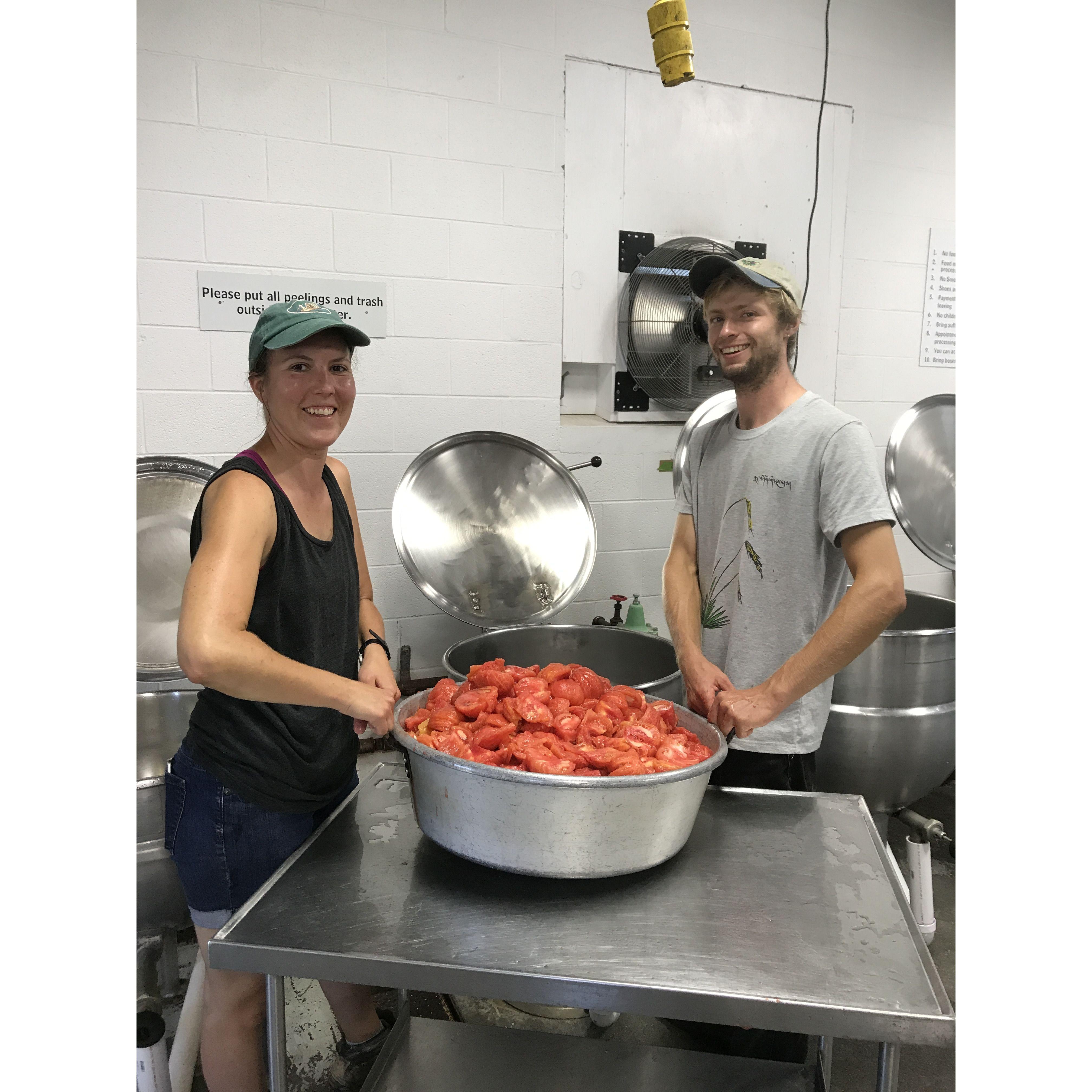 Canning Bellair tomatoes with Michelle at the cannery.
