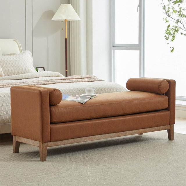 Sinzho & Wiyfun Upholstered King Size 66.3" End of Bed Bench Long Leather Ottoman Bench with Arms & Pillows for Bedroom Entryway, Brown