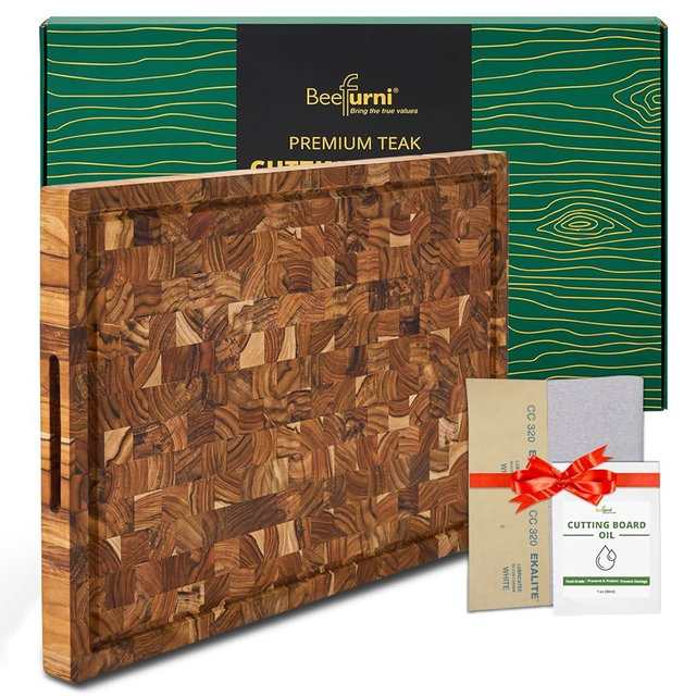 BEEFURNI Teak Wood End Grain Cutting Board (XL, 24x17x1.5"), Extra Large Wooden Cutting Board for Kitchen, Serving & Charcuterie Boards, Premium Wood, Christmas Gifts, 1-Year Warranty