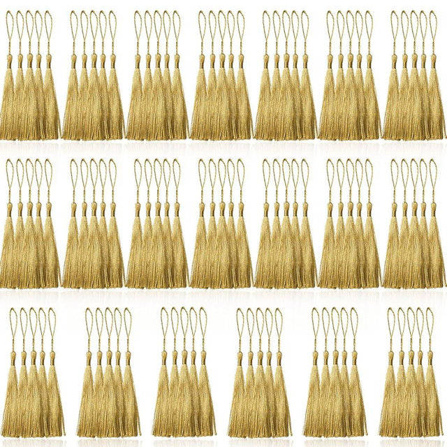 Creatrill 100 Pcs Gold Mini Tassels 13cm/5 Inch with Loops for Bookmarks, Jewelry Making, DIY Projects