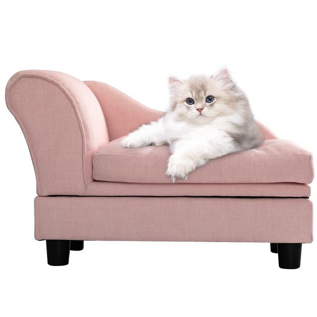 Hollypet Pet Sofa Bed, Linen Couch with Washable Cushion for Small Dog Cat Storage, Pet Snuggle Pet Sofa, Pet Furniture, Pink