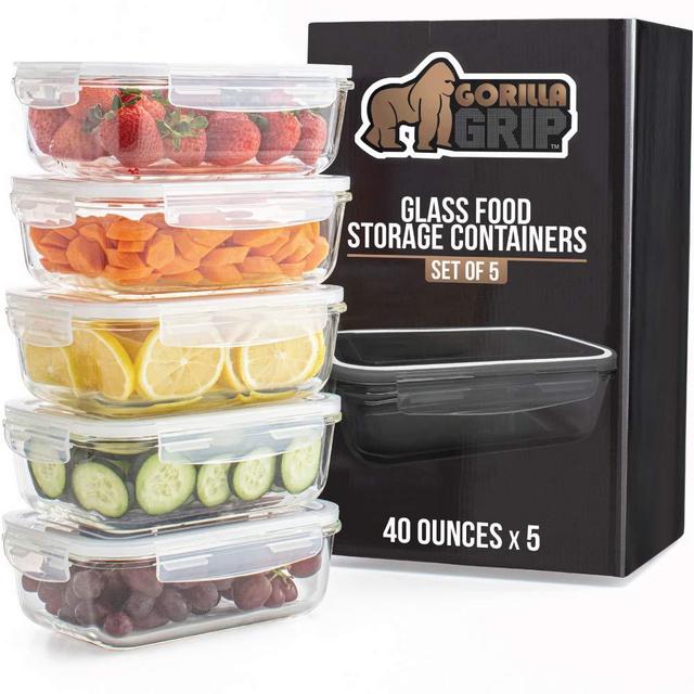 Gorilla Grip Original Premium Glass Food Storage Canisters with Lid, 5 Pack 40 oz Size, Holds 5 Cups, Dishwasher Safe, Food Saver Container for Fridge, Meal Prep, Airtight Lids, Commercial Grade