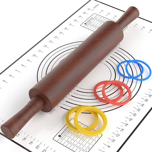 Mepple Classic Wooden Rolling Pin with Handle and Pastry Mat for Fondant, Pizza, Pies, Cookies,Rolling Pin for Baking with 3 Multi-Color Thickness Rings,17" x 2.5" (Include handle)