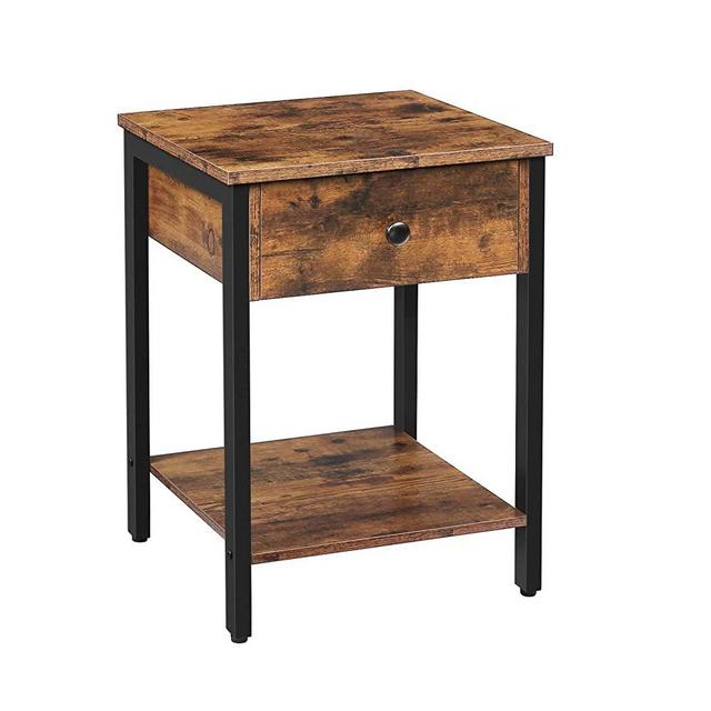 HOOBRO Nightstand, 2-Tier End Table, Industrial Side Table with Drawer and Storage Shelf, Wood Accent Table with Metal Frame, Easy Assembly, Rustic Brown BF40BZ01
