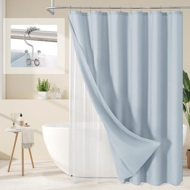 MitoVilla 3 in 1 Shower Curtain Set, FogBlue Boho Farmhouse Linen Textured Bath Curtain and Clear PEVA Liner Set with 12 Double Sided Steel Hooks, Waterproof Fabric Hotel Bathroom Curtain - 72x72