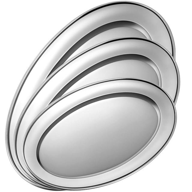 FoldTier 3 Pcs Stainless Steel Serving Tray Large Oval Platter Set, 11.8" 13.8" 15.7" Heavy Duty Metal Oval Serving Platter Mirror Polish Sizzle Plate for Fish Dessert Meat Sushi Birthday Wedding