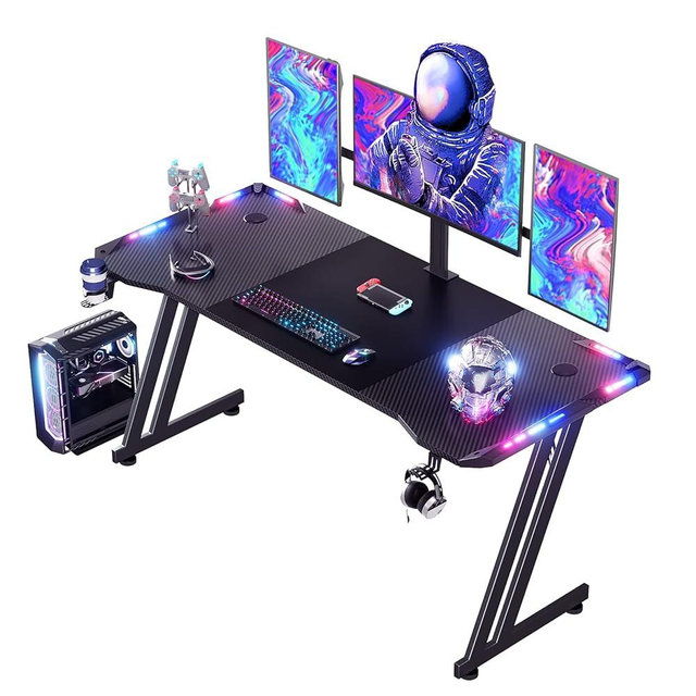 HLDIRECT 63 Inch Gaming Desk with LED Lights Carbon Fibre Surface Gaming Table Large Computer Desk Ergonomic Home Office Desks Z Shaped PC Gamer Workstations with Cup Holder & Headphone Hook Black