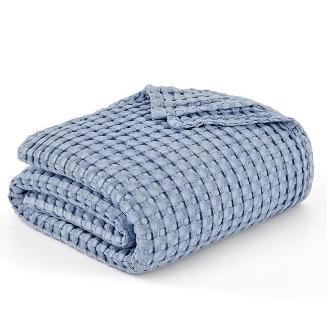 Bedsure Cooling Cotton Waffle King Size Blanket - Lightweight Breathable Blanket of Rayon Derived from Bamboo for Hot Sleepers, Luxury Throws for Bed, Couch and Sofa, Fog Blue, 104x90 Inches