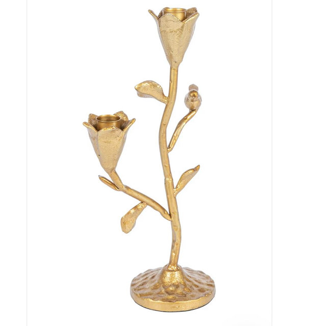Creative Co-Op Hand-Forged Cast Iron Candelabra with Flowers and Bird, Gold