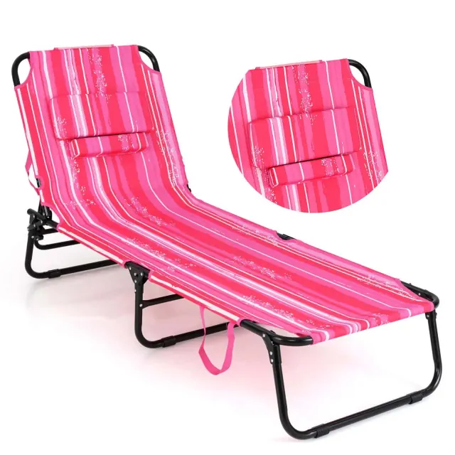 Costway Beach Chaise Lounge Chair with Face Hole Pillows & 5-Position Adjustable Backrest Light Pink