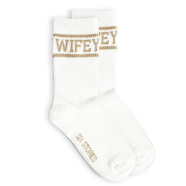 Six Stories Wifey Socks for the Stylish Newlywed Chic | Soft, Comfy, Honeymoon Essential with Gold Text | Unique Gift for Wives on Anniversary, Birthday, Wedding