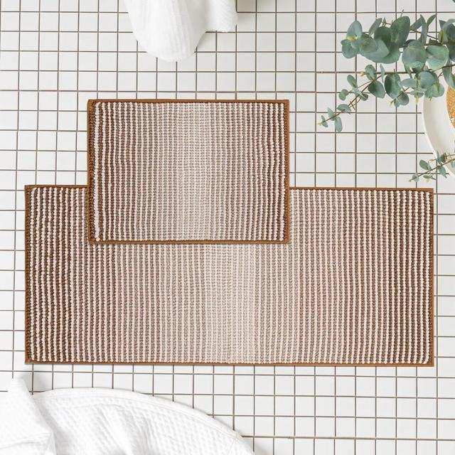 FRESHMINT Ombre Chenille Bathroom Rugs Sets 2 Piece 17"x24"+20"x47", Non-Slip Bath Mats Set for Bathroom Floor, Bath Rugs Set of 2, Absorbent Washable Room Shower Mat, Camel Brown and White