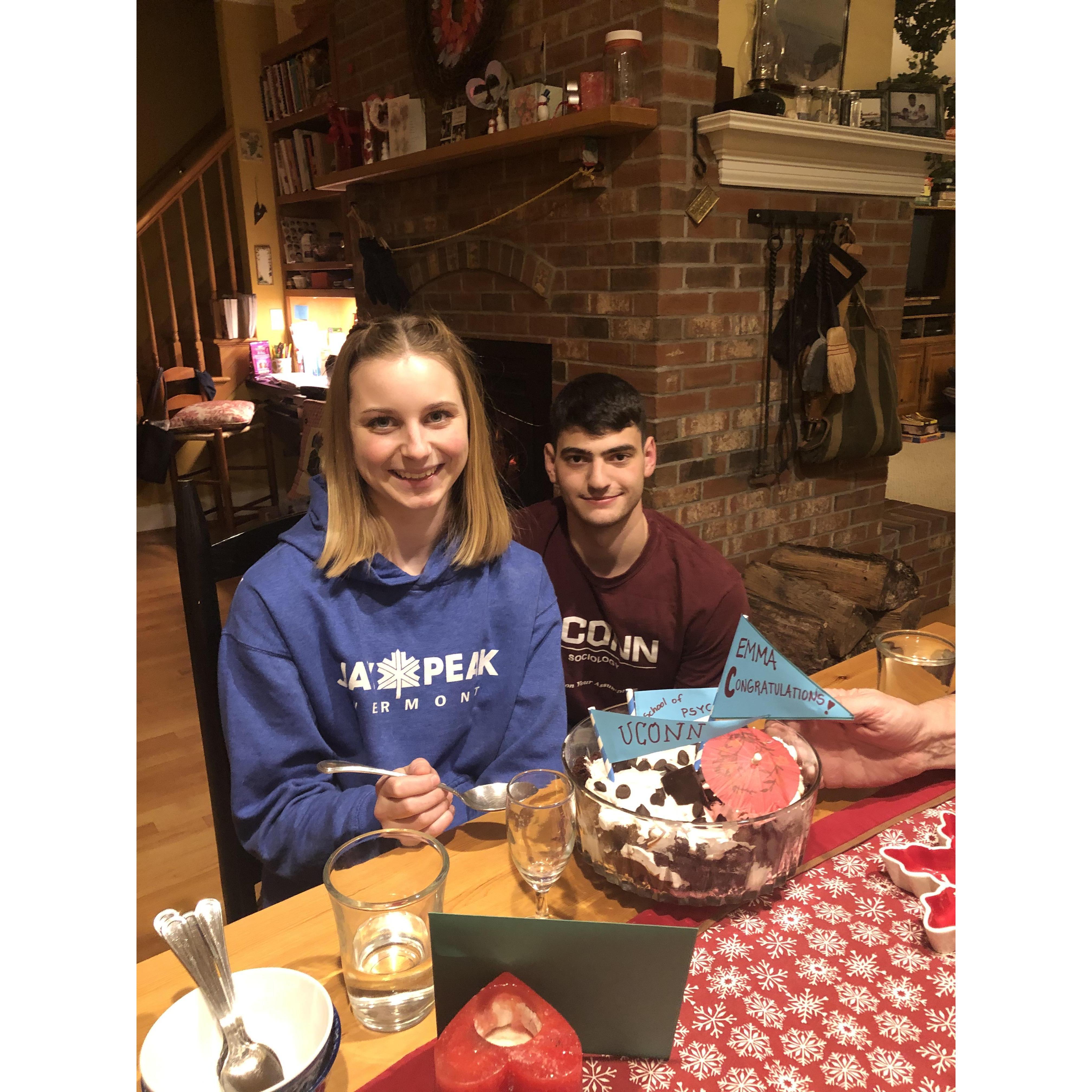 Celebrating Emma's admission to her master's program at UCONN