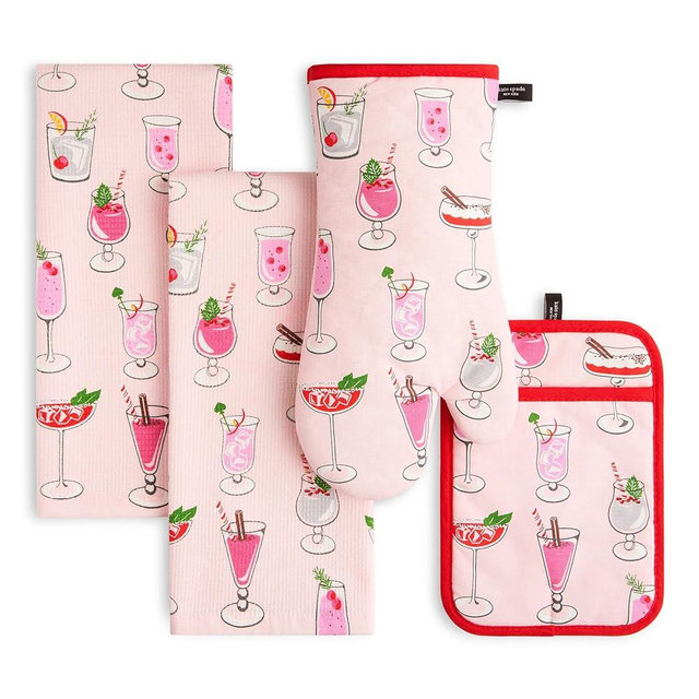 Kate Spade New York Holiday Cocktails Kitchen Towel, Oven Mitt & Pot Holder 4-Pack Set, Absorbent & Heat Resistant, 100% Cotton, Red/Pink/Green, 17"x28", 7"x13", 7"x10"