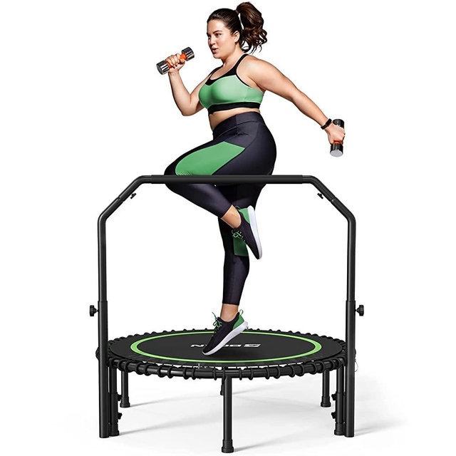BCAN 450/550 LBS Foldable Mini Trampoline, 40"/48" Fitness Trampoline with Bungees/Adjustable Foam Handle, Stable & Quiet Exercise Rebounder for Kids Adults Indoor/Garden Workout