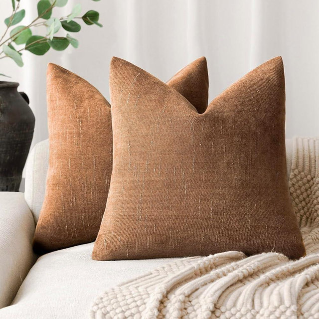 Foindtower Pack of 2 Soft Textured Chenille Throw Decorative Pillow Covers Square Accent Solid Cushion Cover Cozy Farmhouse Pillow Case with Zippe for Couch Sofa Bed Living Room 24x24 Inch, Bronze