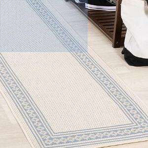 JONATHAN Y Diamond Border Indoor Outdoor Runner Rug 2X8 Cream/Blue, Lucia Classic for Backyard, Patio, Porch, Easy-Cleaning, High Traffic, Pet-Friendly, Non-Shedding (SMB207A-28)