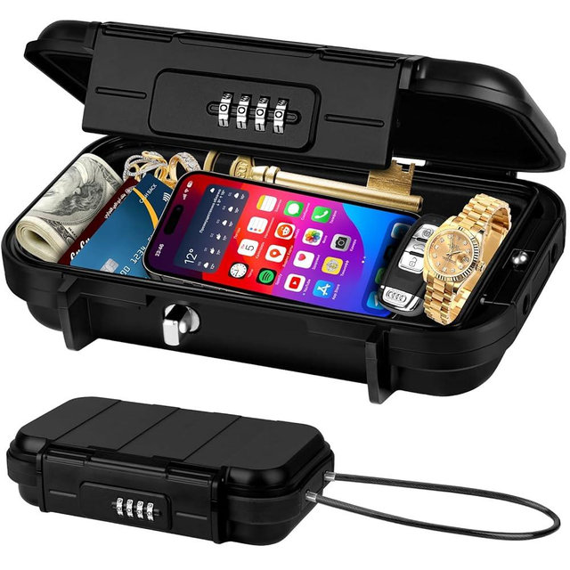TNIIFXC Portable Travel Safe Lock Box 4-Digit Combination Mini Safe Box, Anti-Theft Beach Security Lockbox Waterproof Small Lockable Box with Removable Wire Rope for Dorm Beach Hotel Car Home Office