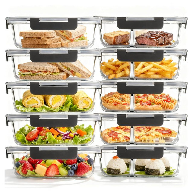 Glass Food Storage Containers(5 Pieces with Partitions,5 Pieces without Partitions),Glass Meal Prep Containers with Snap Lock Leakproof Lids,for Microwave,Freezer,Oven and Dishwasher