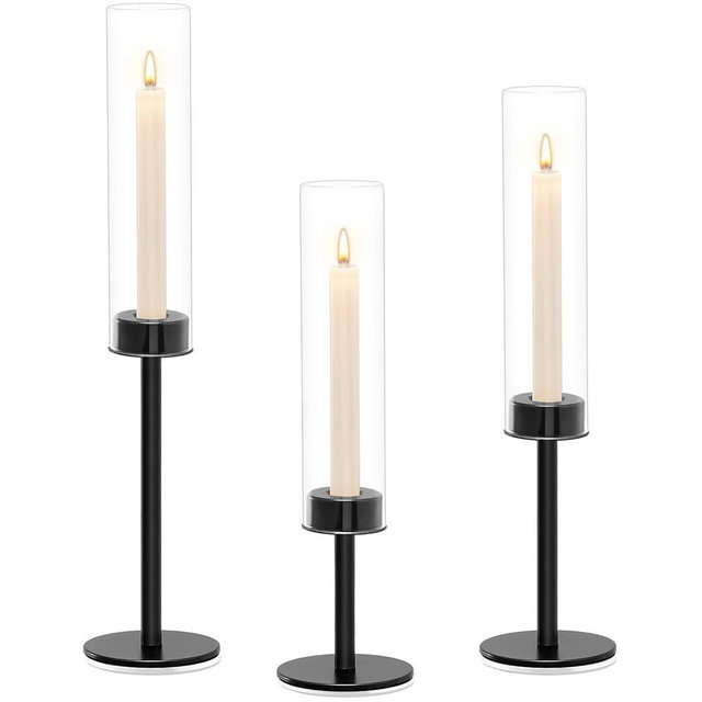 Black Hurricane Candle Holders Set of 3, Tall Metal & Windproof Glass Taper Candle Holders, Outdoor/Indoor Table Centerpieces for Weddings, Christmas, Parties, Fireplace Decor