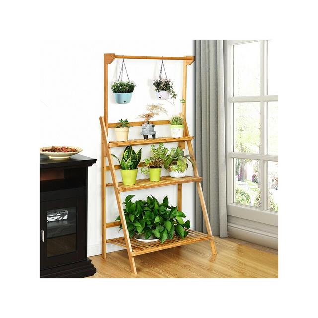 Costway 3 Tier Bamboo Hanging Folding Plant Shelf Stand Flower Pot Display Rack Bookcase