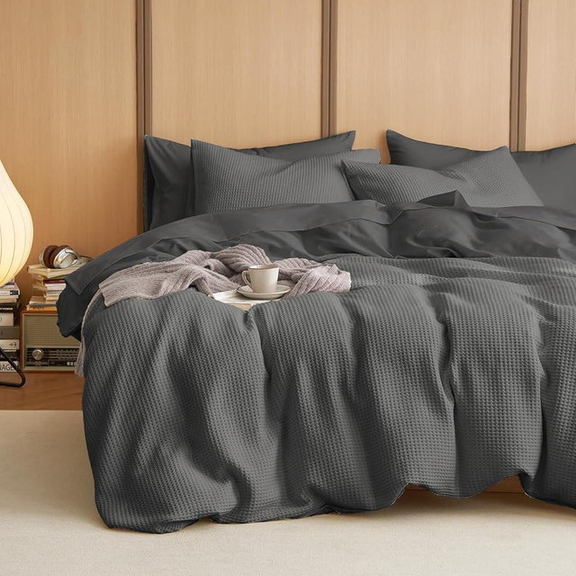Wake In Cloud - Waffle Cotton Comforter Set, 100% Cotton Fabric Bedding, Waffle Weave Knit Textured Neutral Farmhouse Soft Lightweight, 3 Pieces, Dark Grey, Queen Size