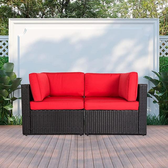 kinbor Patio PE Wicker Couch, 2-Seat Outdoor Black Rattan Loveseat Sofa Furniture with Red Cushion