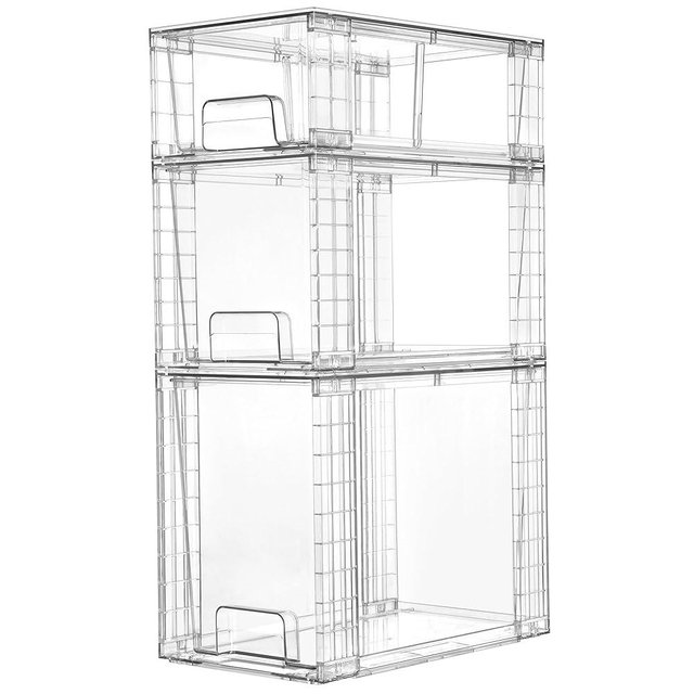 Vtopmart 3 Pack Clear Stackable Storage Drawers,Easy to Assemble Bathroom Organizers and Storage with handles,Plastic storage drawers for Kitchen Pantry,Cabinet,Under Sink Organization