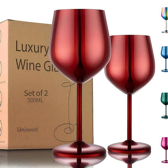 UNISWEET Stainless Steel Wine Glasses Set of 2, 18 oz Unbreakable Red Wine Glass Unique Metal Wine Goblets for Outdoor Capming and Pool Gift for Wine Lovers
