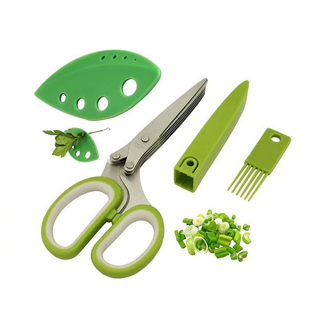 Herb Scissors Herb Leaf Stripper Set 5 Blades and Cover Chopping Shear, Mincer, Heavy Duty Kitchen Gadgets for Cutting Salad, Vegetables, Basil, Stainless Steel Dishwasher Safe (With Herb Stripper)