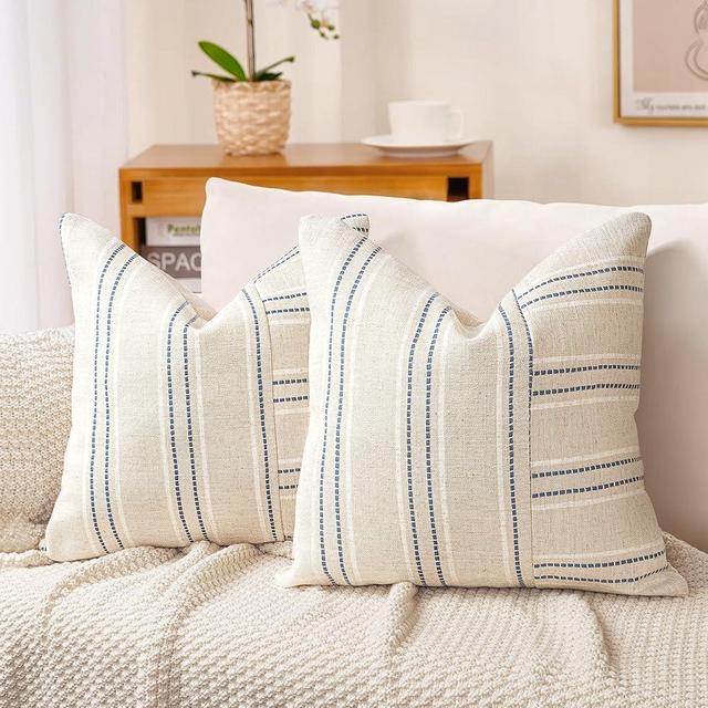 AELS 24x24 Decorative Farmhouse Linen Throw Pillow Covers, Boho Textured Pillow Case, Set of 2,Beige with White & Navy Blue Stripe Patchwork Cushion Cover for Sofa Couch Living Room(Cover ONLY)