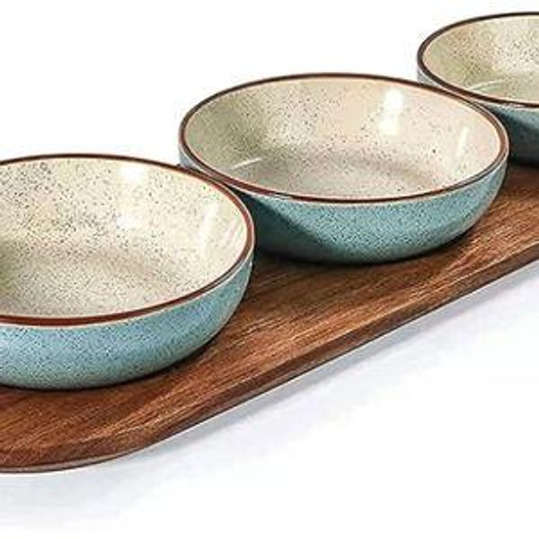 Artena 6oz Turquoise Solid Ceramic Chips and Dip Serving Platter with Acacia Wooden Tray, 4.5inch Glazing Small Serving Bowls/Dipping Dishes for Condiments,Side Dishes, Dipping, Pre, Dessert, Salsa
