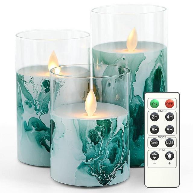 Eebuss Flameless Flickering Candles with Remote Control, Glass Real Wax Led Candles, 2/4/6/8 H Timable Battery Operated Candles Set of 3(D3 X H 4" 5" 6")（Green）