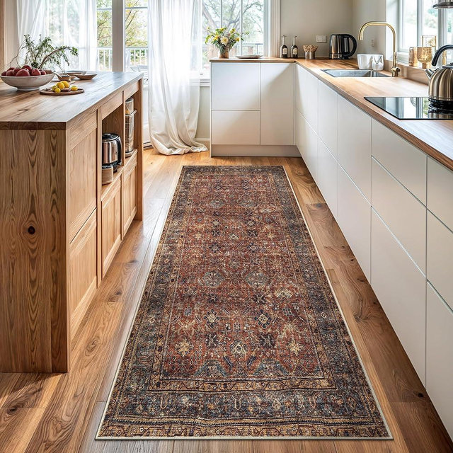 Bloom Rugs Washable Non-Slip 10 ft Runner - Terracotta/Mustard Traditional Runner for Entryway, Hallway, Bathroom, and Kitchen - Exact Size: 2.5' x 10'