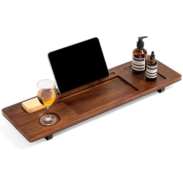 Teak Bathtub Tray Caddy - 29" Wide Adjustable Bathtub Table for Freestanding Tubs, Non-Slip Design with Phone/Wine Holder, Brown Bath Spa Essentials