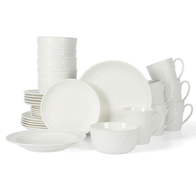 Martha Stewart 30-Piece Basket Weave New Bone China Embossed Chip and Scratch Resistant Porcelain Dinnerware Set