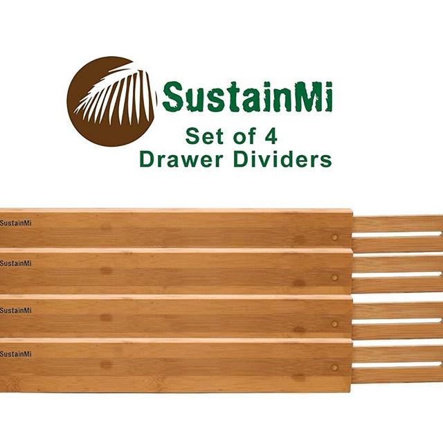 Bamboo Wooden Drawer Dividers | Expandable and Adjustable Kitchen Drawer Organizer |Good for Bedroom, Bathroom, Baby, Desk | Set of 4|