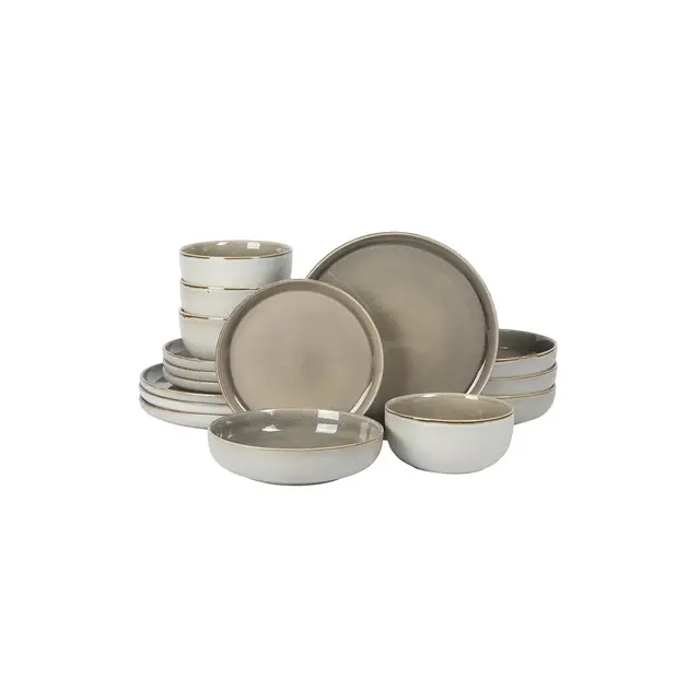 Gibson Elite Sunveil 16 Piece Plates and Bowls Reactive Glaze Round Dishes Stoneware Ceramic Dinnerware Set Taupe